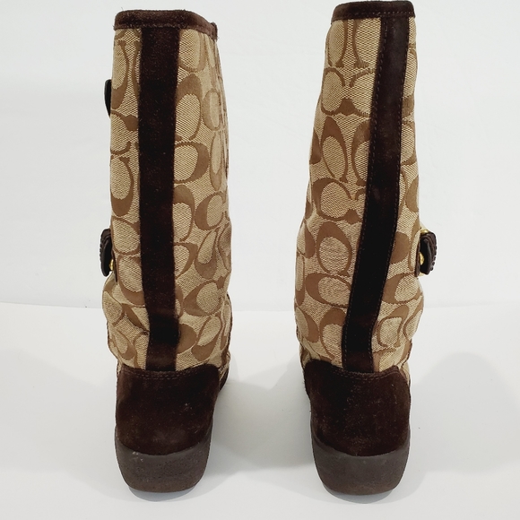 Coach Tinah Brown Leather "C" Logo Pattern Canvas Mid Calf Pull On Boots Size 5B - Picture 7 of 16